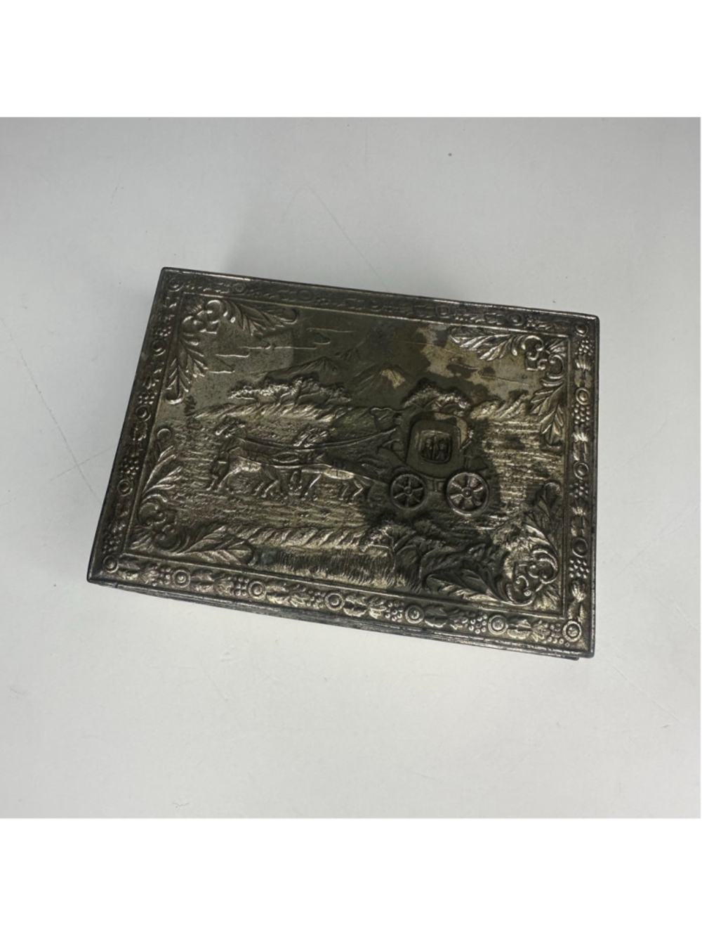 Vintage Embossed Metal & Wood Horse & Carriage Trinket / Cigarette Box (Japan)